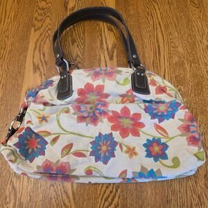 Y2K Liz Claiborne Floral Canvas Shoulder Bag Multi-Color Brown Trim Purse Boho